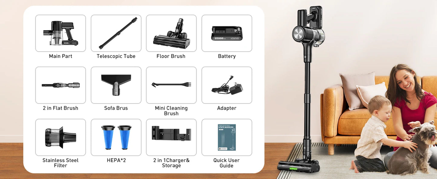 Cordless Vacuum Cleaner, 46Kpa/55min Self-Standing Powerful Stick Lightweight Vacuum Cleaner for Home Pet Hair/Hard Floor/Carpet