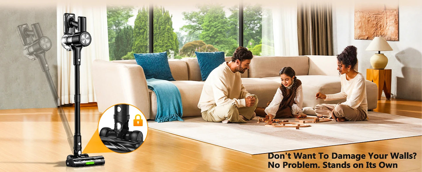 Cordless Vacuum Cleaner, 46Kpa/55min Self-Standing Powerful Stick Lightweight Vacuum Cleaner for Home Pet Hair/Hard Floor/Carpet