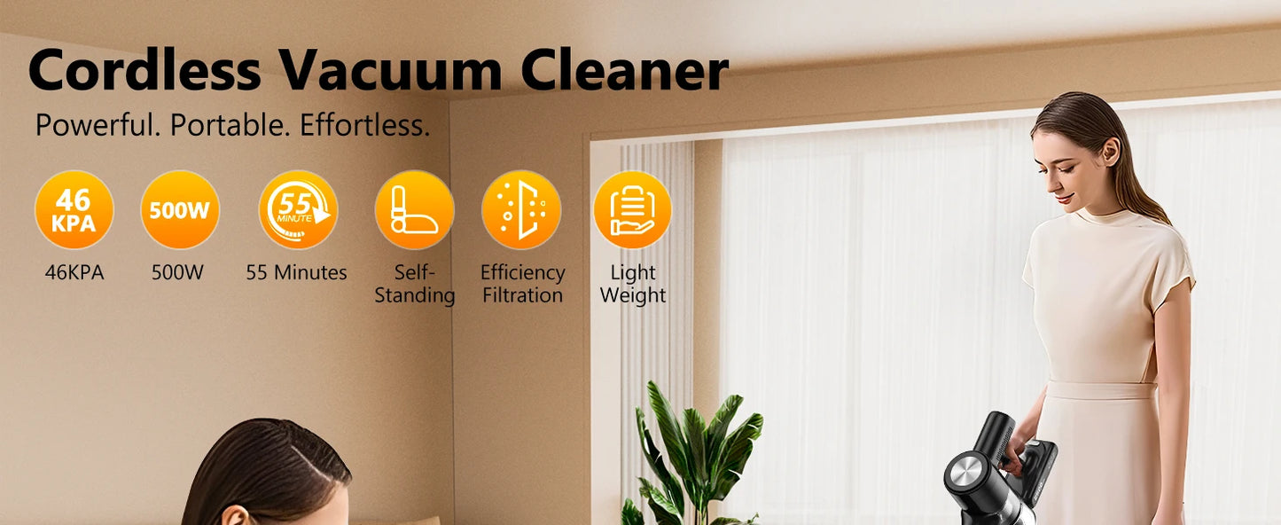 Cordless Vacuum Cleaner, 46Kpa/55min Self-Standing Powerful Stick Lightweight Vacuum Cleaner for Home Pet Hair/Hard Floor/Carpet