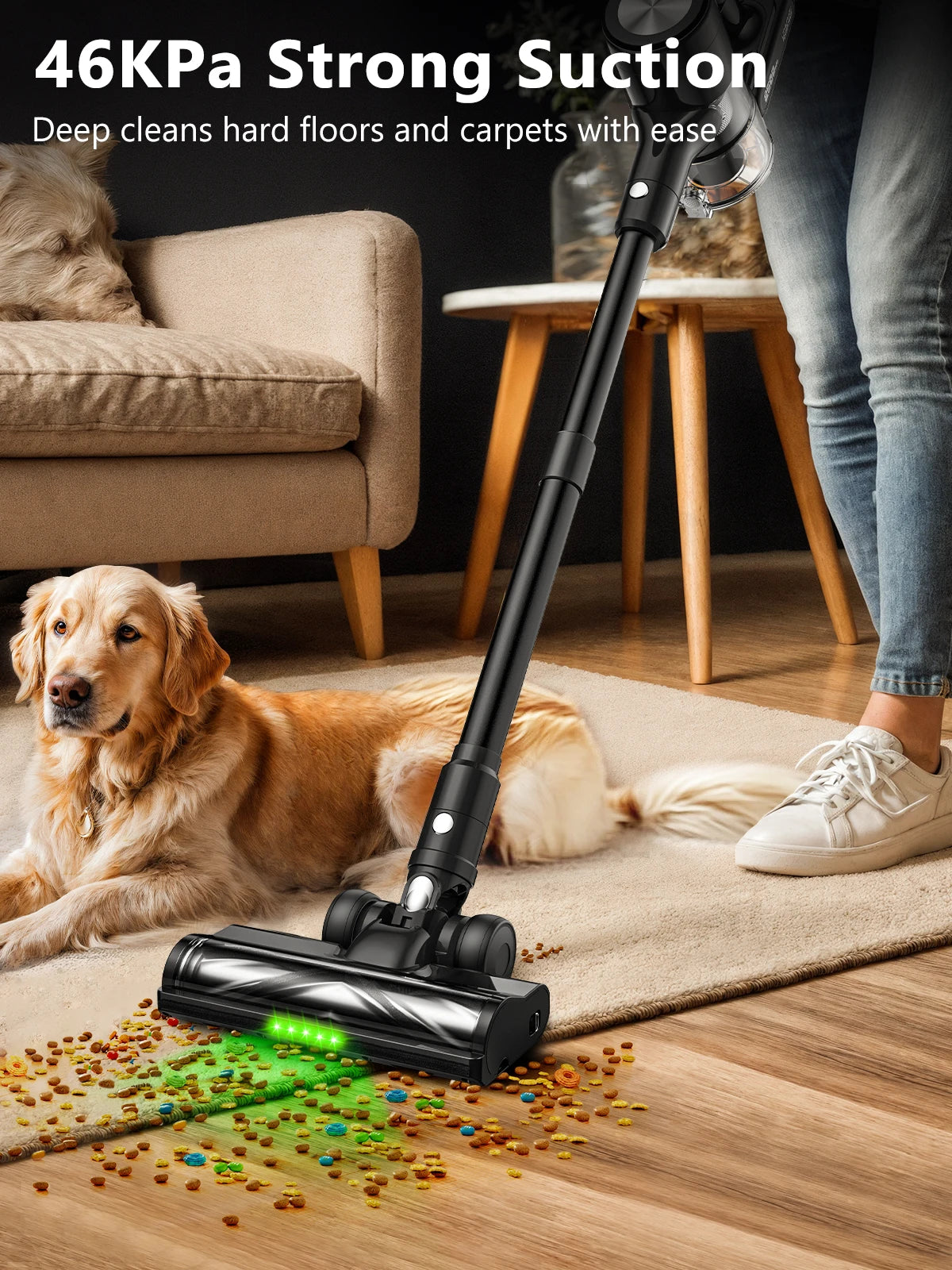 Cordless Vacuum Cleaner, 46Kpa/55min Self-Standing Powerful Stick Lightweight Vacuum Cleaner for Home Pet Hair/Hard Floor/Carpet
