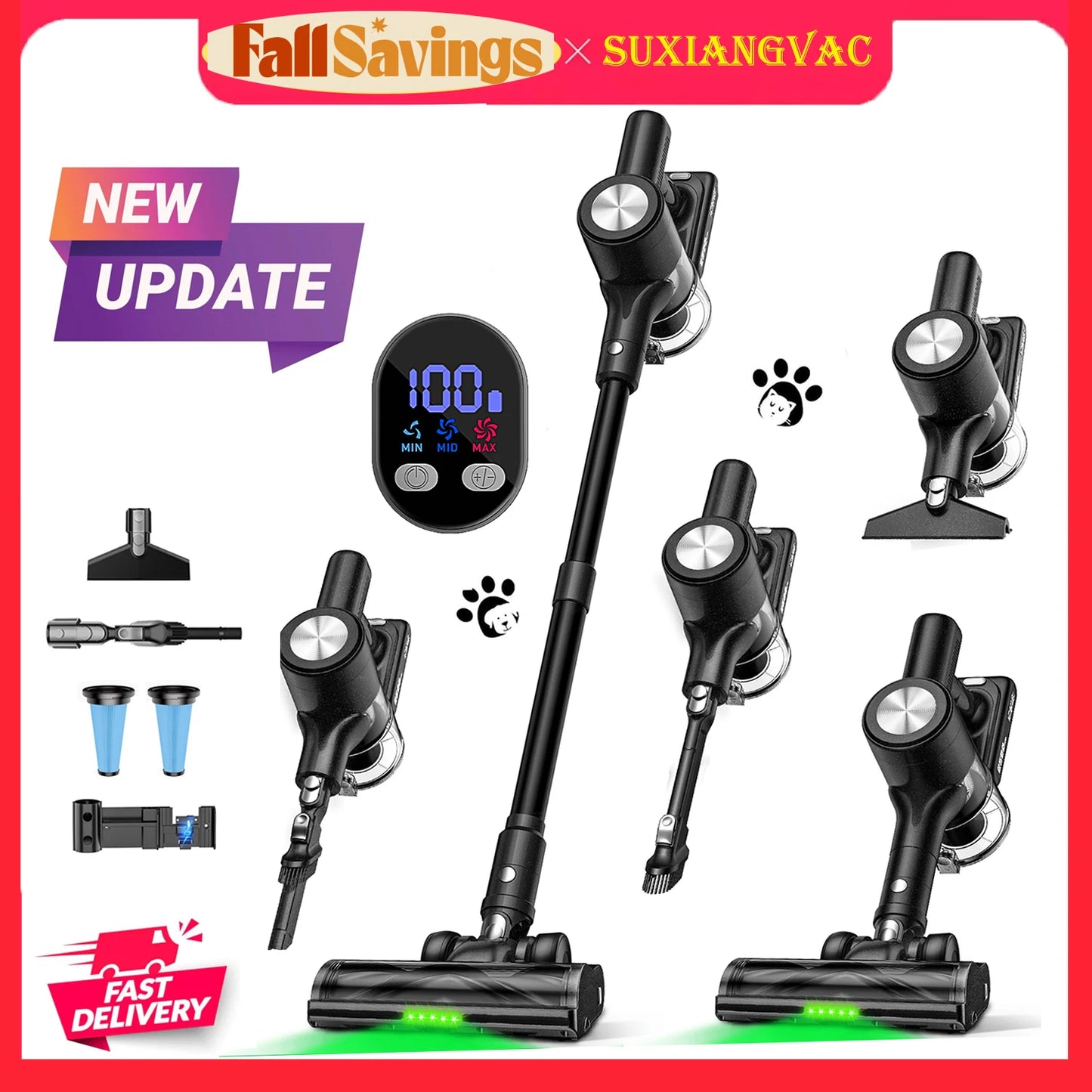 Cordless Vacuum Cleaner, 46Kpa/55min Self-Standing Powerful Stick Lightweight Vacuum Cleaner for Home Pet Hair/Hard Floor/Carpet