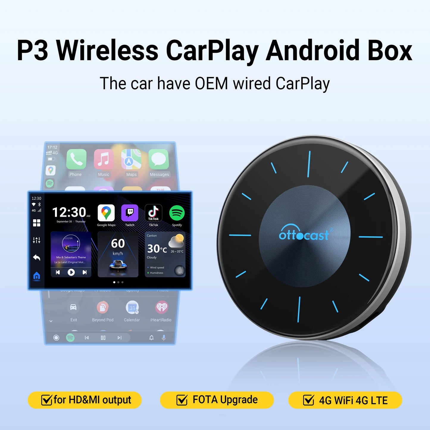 OTTOCAST P3 Android AI Box for Youtube Netflix Wireless CarPlay Android Auto TV Box for HDMI Out Car Accessories Gift for Men
