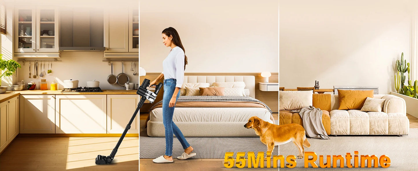 Cordless Vacuum Cleaner, 46Kpa/55min Self-Standing Powerful Stick Lightweight Vacuum Cleaner for Home Pet Hair/Hard Floor/Carpet