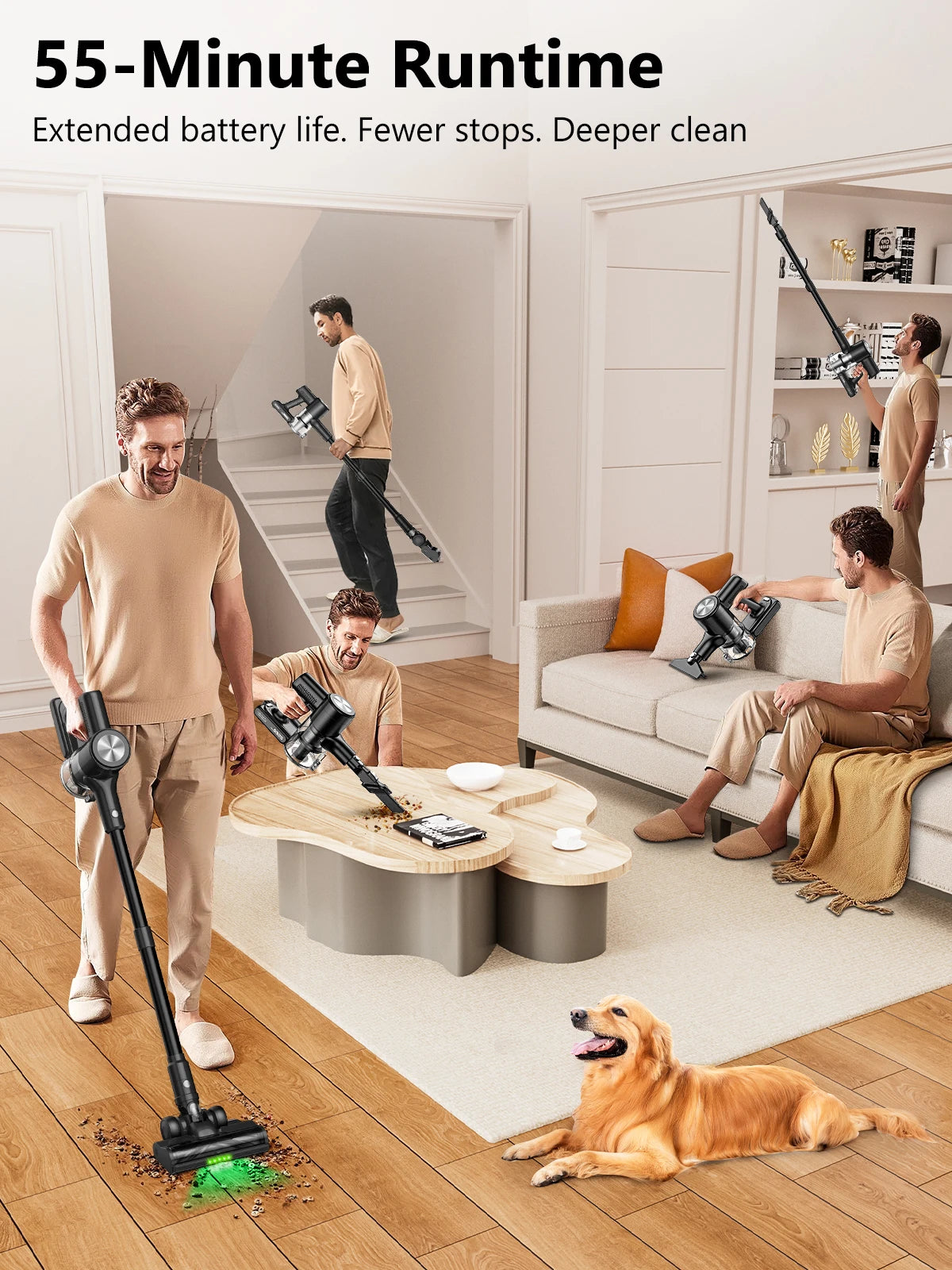 Cordless Vacuum Cleaner, 46Kpa/55min Self-Standing Powerful Stick Lightweight Vacuum Cleaner for Home Pet Hair/Hard Floor/Carpet