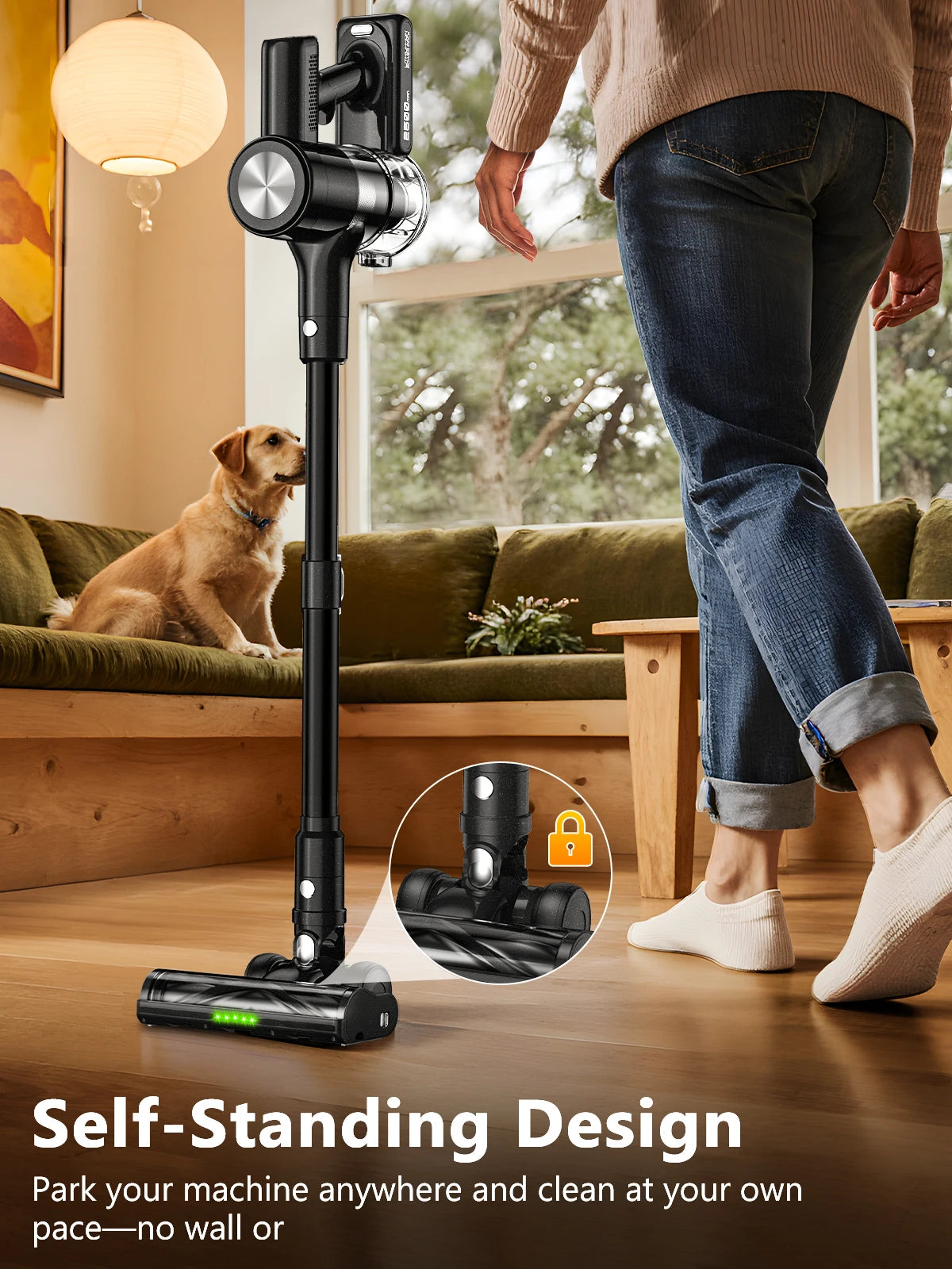 Cordless Vacuum Cleaner, 46Kpa/55min Self-Standing Powerful Stick Lightweight Vacuum Cleaner for Home Pet Hair/Hard Floor/Carpet