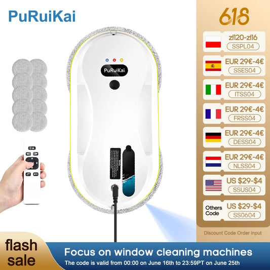 PuRuiKai 2025 Robotic Window Cleaner – AI-Powered Streak-Free for Glass/Patio Doors/Tiles Ultra-Quiet & Remote Control  PRK-309