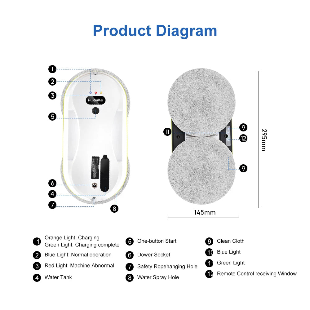 PuRuiKai 2025 Robotic Window Cleaner – AI-Powered Streak-Free for Glass/Patio Doors/Tiles Ultra-Quiet & Remote Control  PRK-309